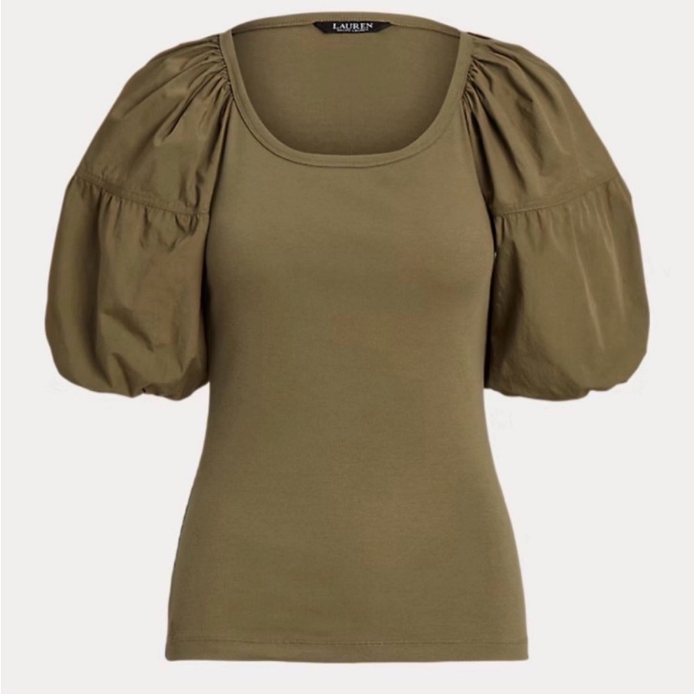 Lauren Ralph Lauren Olive Puff Sleeve Knit Top Size Small